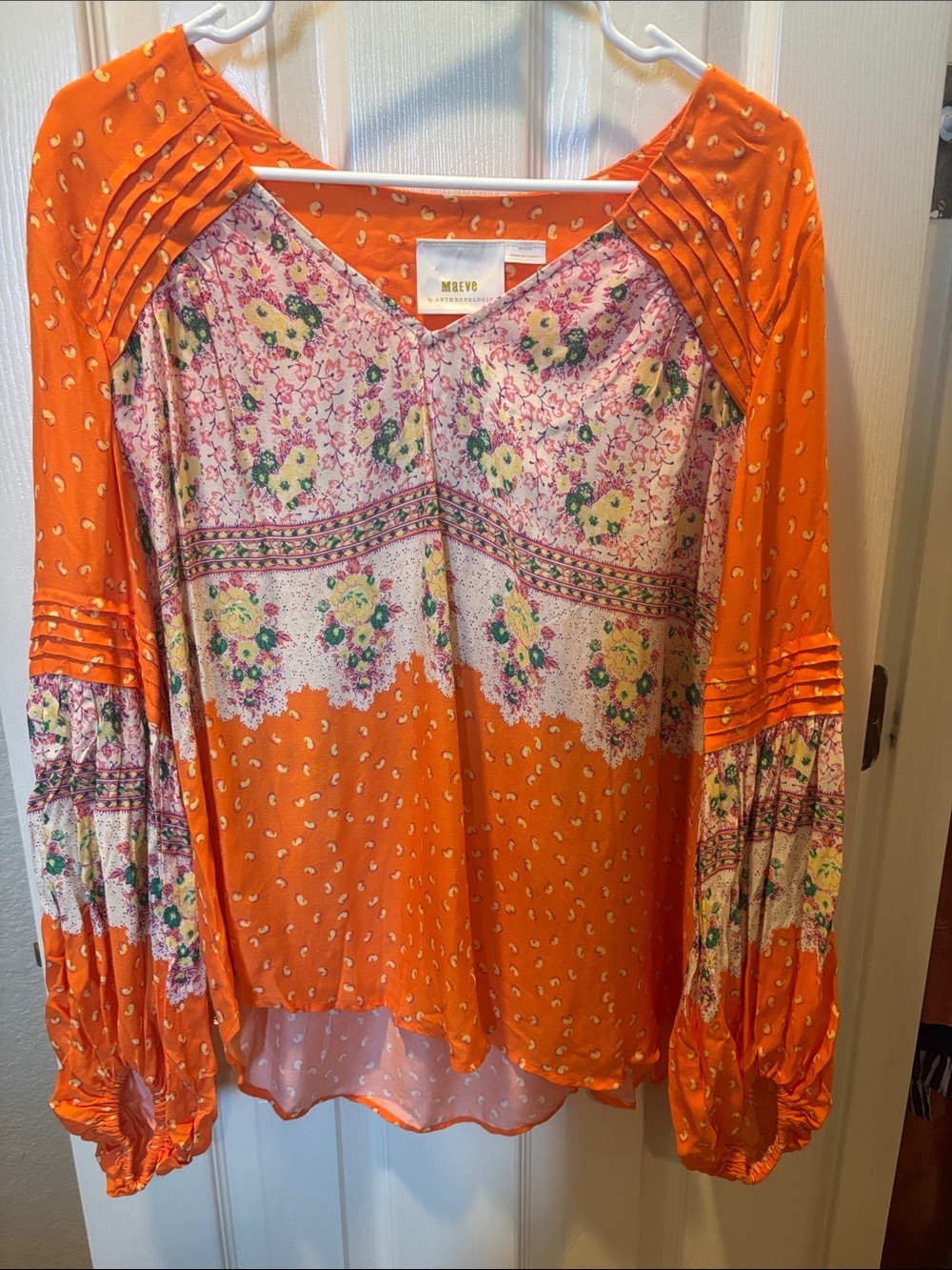 Anthropologie Maeve Ceresco Orange Floral Boho Peasant Blouse Top Size Medium